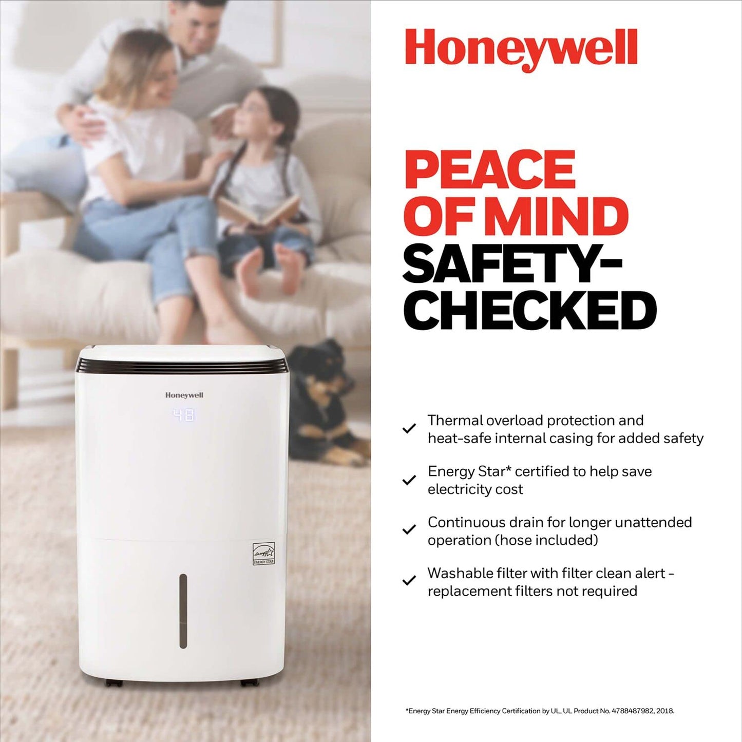 Honeywell - Deshumidificador Inteligente Energy Star de 50 pintas para sótanos y Habitaciones Grandes de hasta 4000 Metros Cuadrados con WiFi, Control de Voz Alexa y diseño antiderrames, (Blanco)