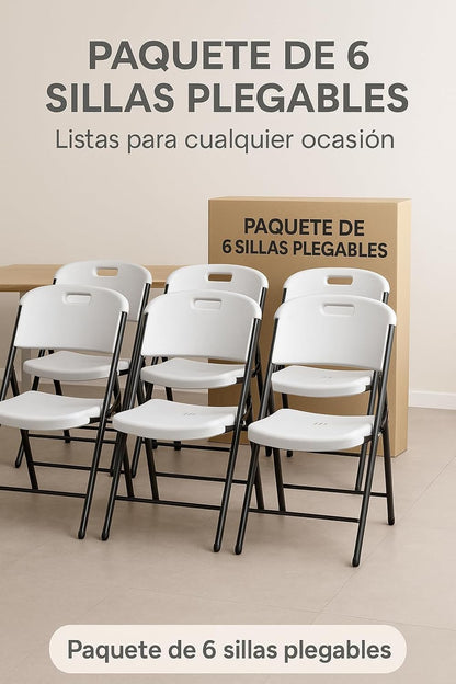 RIVARRO | Sillas Plegables de Plástico Reforzado en Paquete de 6, Ligeras, Resistentes y Apilables, Ideales para Comedor, Jardín, Escuela, Oficina, Eventos Sociales y Reuniones Familiares