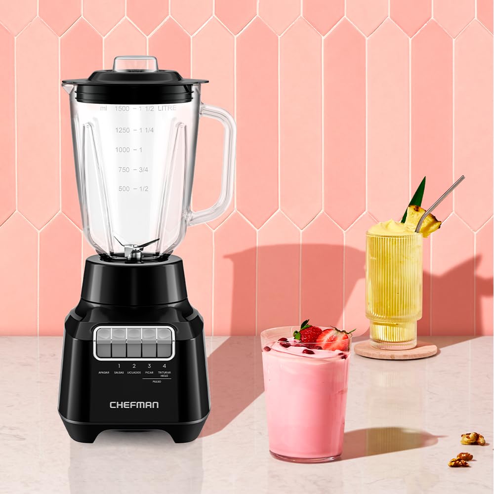 Chefman Licuadora Vaso de vidrio de 1.5 litros, 4 Velocidades, 400W, Cuchillas de Acero Inoxidable y Tapa de Cierre Seguro. Color Negro.