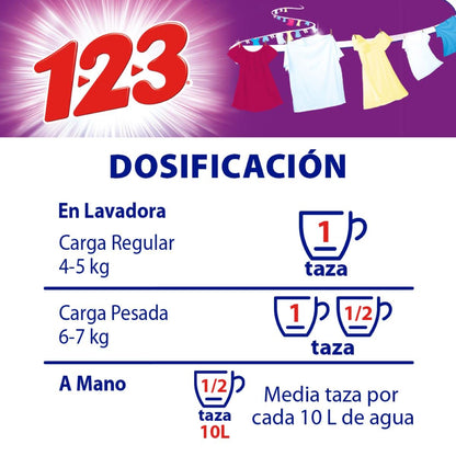 VORAGA 123 - 1-2-3 MAXI PODER con Suavizante y Jazmín 10 kg, detergente en polvo, Con suavizante extra y olor a jazmín, Ropa brillante, fresca y suave.