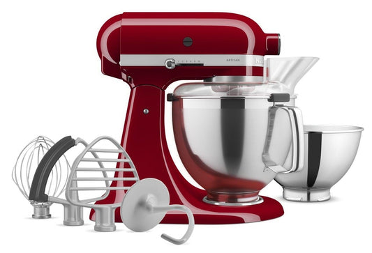 KitchenAid Artisan Series KSM195PSER - Batidora de pie con cabezal inclinable con paquete de accesorios de primera calidad, color rojo imperio