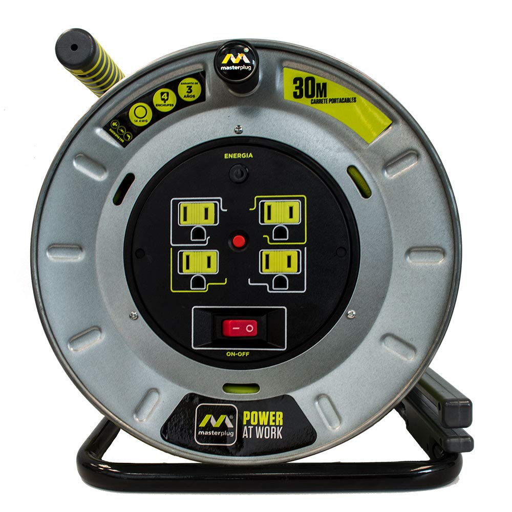 Extensión Eléctrica de 30 metros Tipo Carrete para Uso Rudo, Calibre 14 AWG, con 4 Multicontactos y Switch + Indicador LED Green