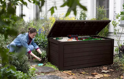Keter - Keter Caja de almacenamiento de cubierta de resina resistente a la intemperie de 165 galones para exteriores, muebles de jardín, color café