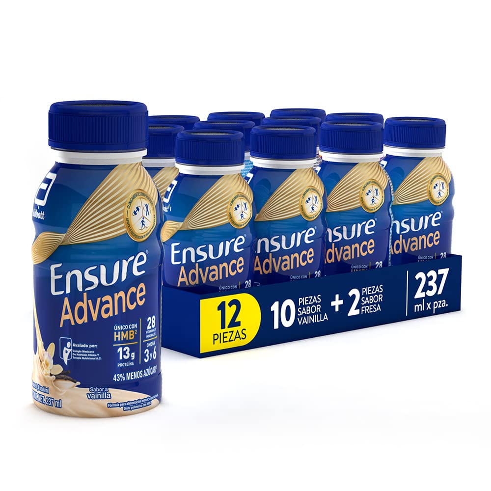 Ensure Advance Vainilla + Fresa, Caja con 12 Botellas de 237 ml (10 Vainilla y 2 Fresa), Alimentación Especializada