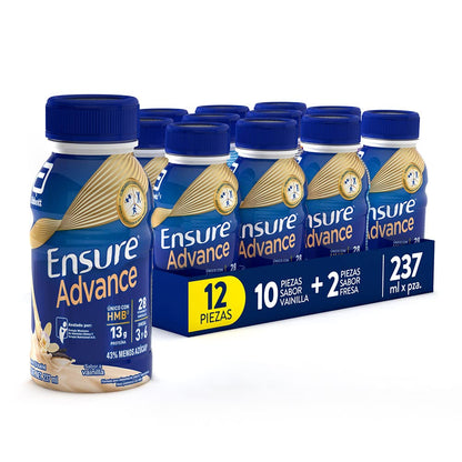 Ensure Advance Vainilla + Fresa, Caja con 12 Botellas de 237 ml (10 Vainilla y 2 Fresa), Alimentación Especializada