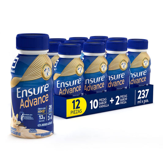 Ensure Advance Vainilla + Fresa, Caja con 12 Botellas de 237 ml (10 Vainilla y 2 Fresa), Alimentación Especializada