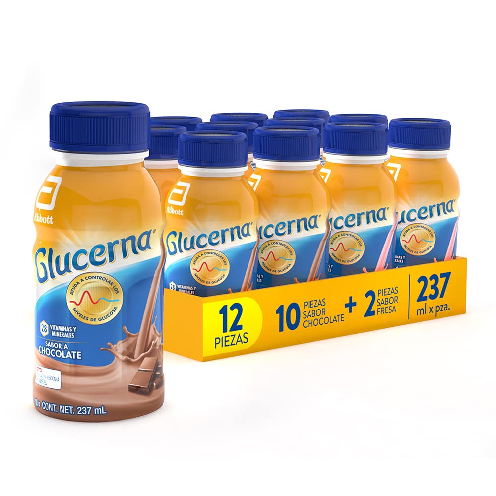 Glucerna - Chocolate 237 ml 12 Pack, 10 Chocolate + 2 Fresa, Control de Azúcar, Carbohidratos de Rápida Absorción, con Proteína y Fibra, Vitaminas y Minerales, Sin Azúcar, Clínicamente Comprobado
