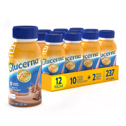 Glucerna - Chocolate 237 ml 12 Pack, 10 Chocolate + 2 Fresa, Control de Azúcar, Carbohidratos de Rápida Absorción, con Proteína y Fibra, Vitaminas y Minerales, Sin Azúcar, Clínicamente Comprobado