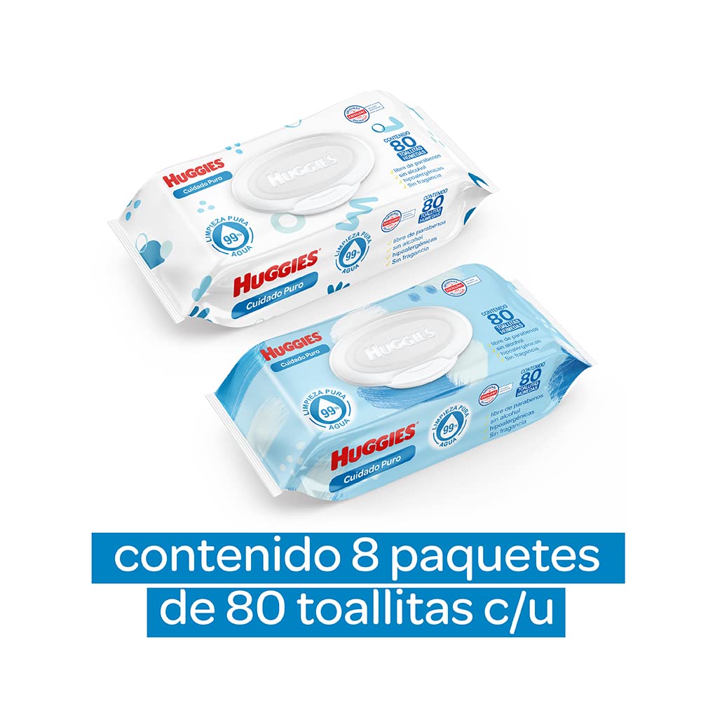 Huggies Cuidado Puro Toallas Húmedas para Bebé, Caja con 640 Piezas (8 paquetes de 80 toallitas c/u)