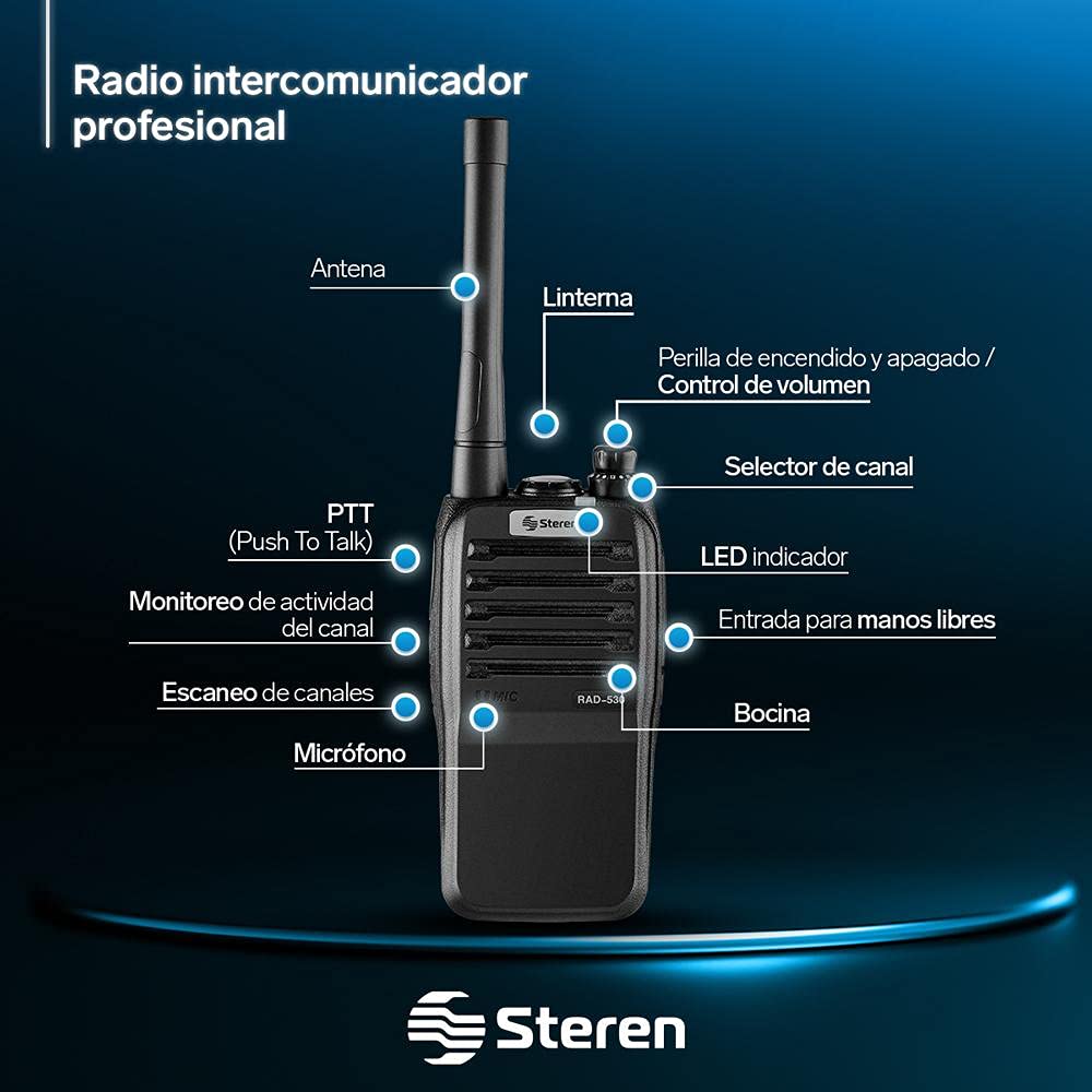 STEREN RAD-530 Radio intercomunicador Profesional, hasta 7 km de Alcance, 5 Watts de Potencia, Banda UHF, 16 Canales preconfigurados, minilinterna
