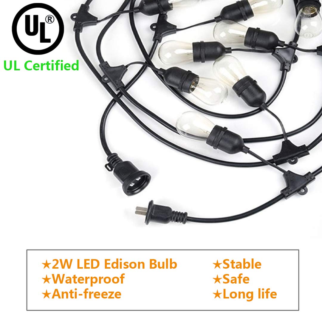 BRIGHTSHOW - Techo 48FT LED Luces de cadena al aire libre Impermeable Regulable 15PCS 2W Vintage Edison Bulbos de vidrio