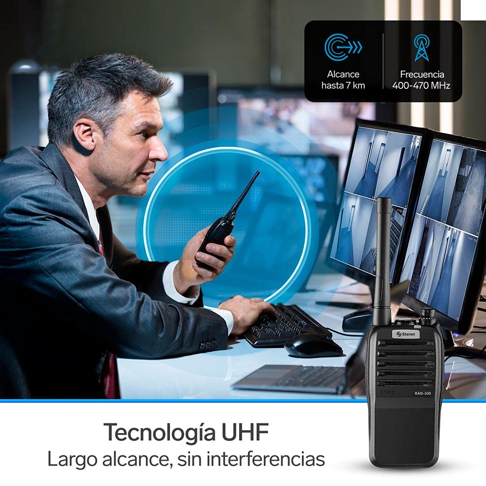 STEREN RAD-530 Radio intercomunicador Profesional, hasta 7 km de Alcance, 5 Watts de Potencia, Banda UHF, 16 Canales preconfigurados, minilinterna