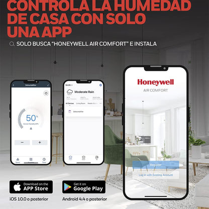 Honeywell Deshumidificador Inteligente TP50AWKN con Wi-Fi y Control de Voz con Amazon y Google. Energy Star de Eficiencia Energética. Deshumidifica hasta 23.6 Litros/50 Pintas bajo la Norma ASHRAE.