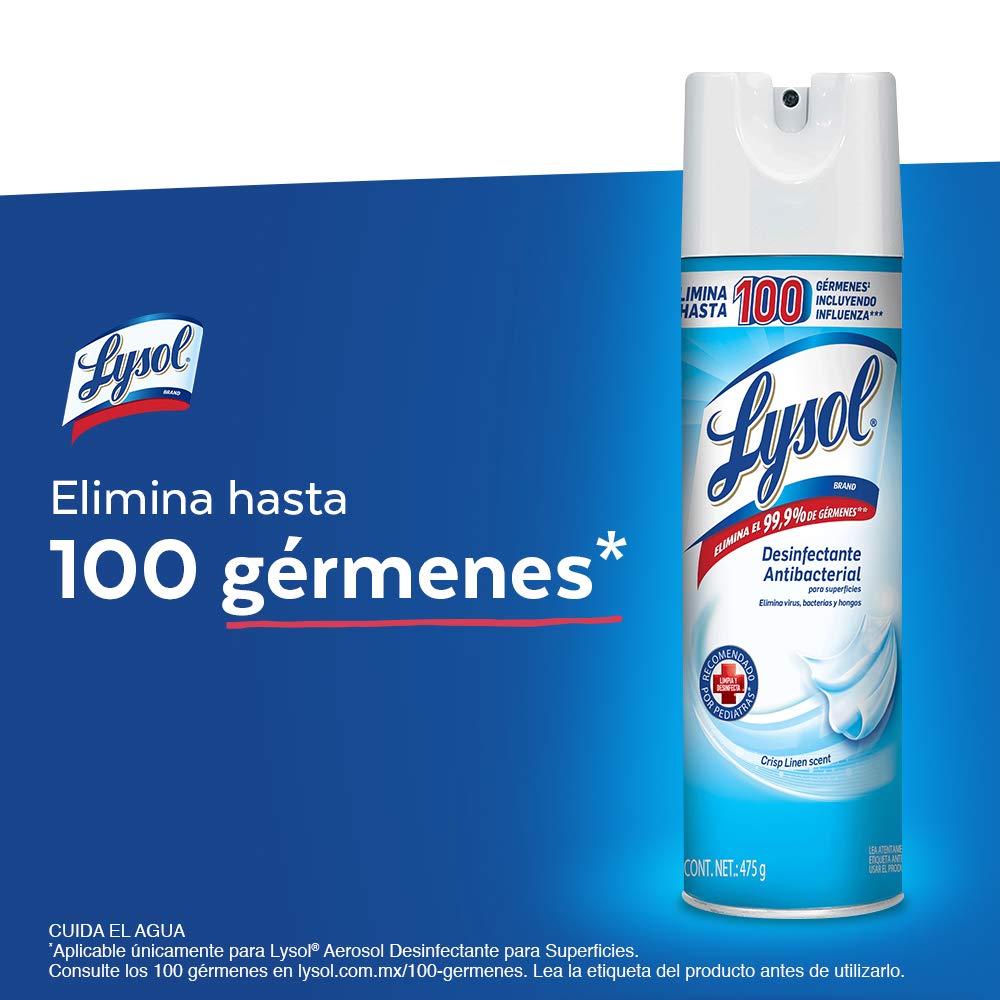 Lysol® Aerosol Desinfectante Antibacterial para Superficies Crisp Linen Paquete de 3 con 475g c/u efectivo contra el SARS-CoV-2, virus causante de COVID-19 incluyendo la variante Delta y Ómicron