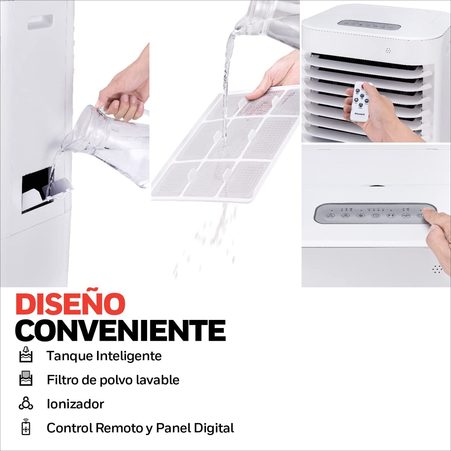 Honeywell Enfriador de Aire CL152 con Ionizador y Panel Antibacterial. 15 litros. Enfría hasta 19 m2