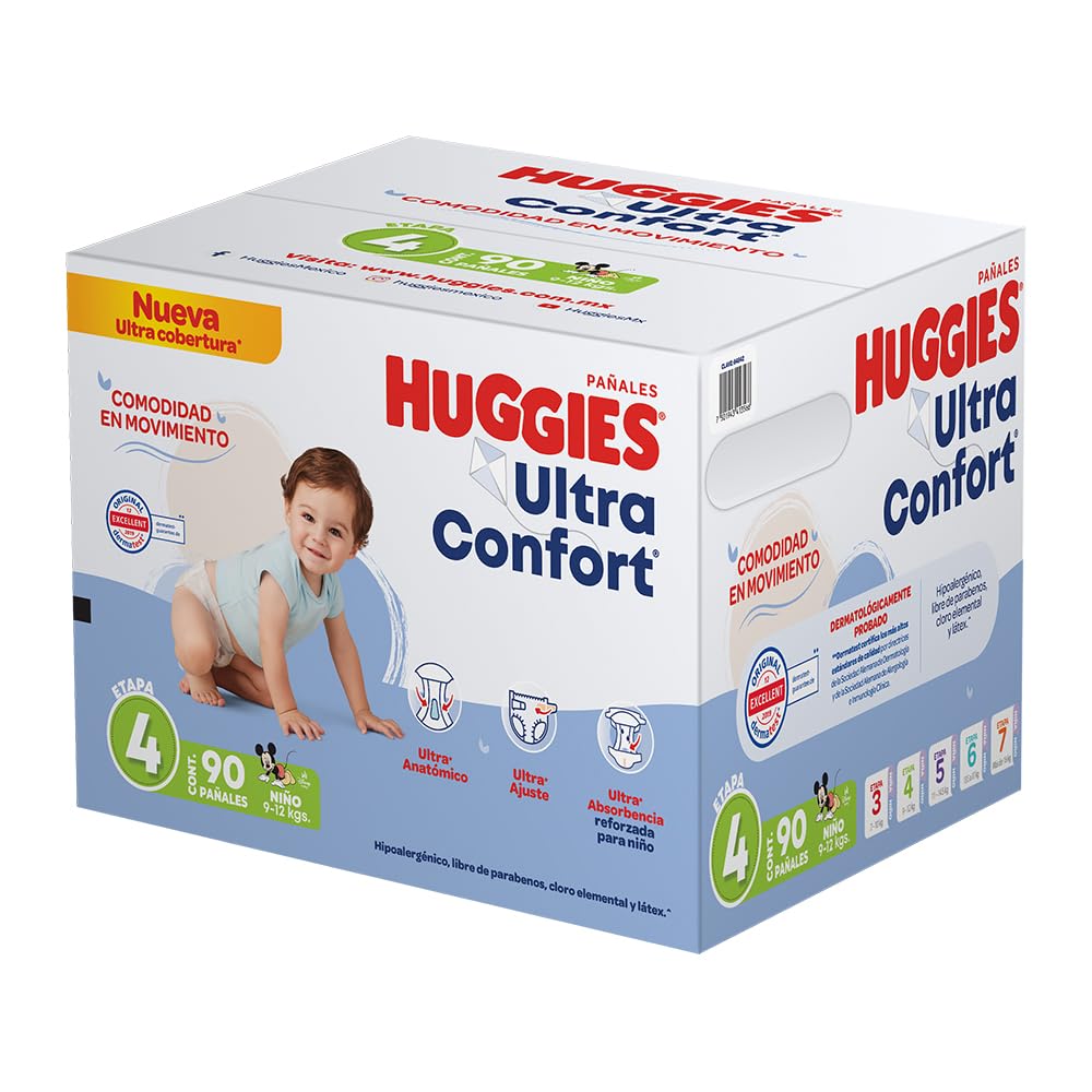 Huggies UltraConfort Pañal Desechable para Bebé, Etapa 4 Niño, Caja con 90 piezas, Ideal para Bebés de 9 a 12 kg