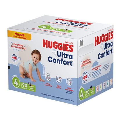 Huggies UltraConfort Pañal Desechable para Bebé, Etapa 4 Niño, Caja con 90 piezas, Ideal para Bebés de 9 a 12 kg