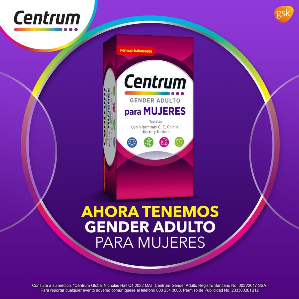 Centrum Gender Adulto Mujer Multivitaminico, Con Magnesio, Vitamina C y Vitamina E, 60 Tabletas