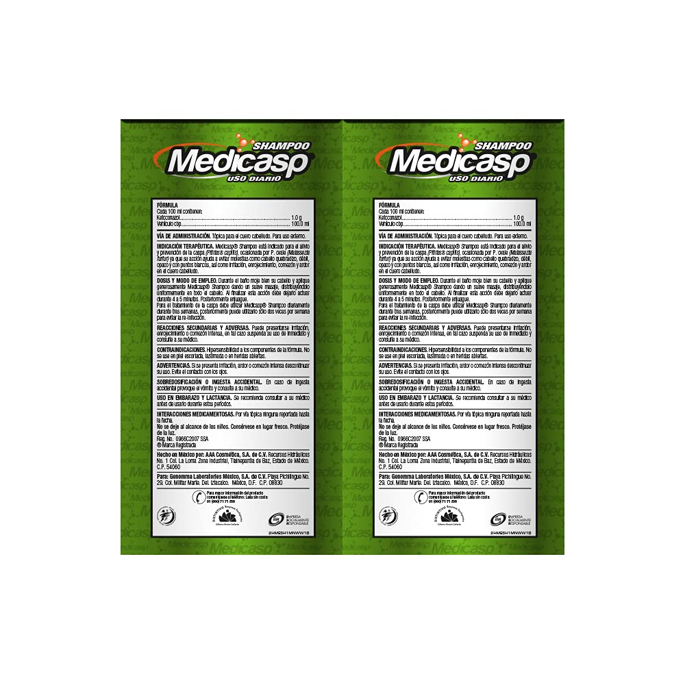 Medicasp Shampoo Anticaspa- 2 PACK- Auxiliar en la eliminación del hongo de la caspa, alivia comezón y ardor, deja el cabello con brillo y suavidad, ideal para uso diario, 2 botellas de 130 ml
