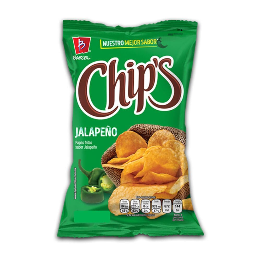 Barcel - Papas Chip's sabor Jalapeño 655g Chips Verdes Papas Fritas Bolsa Grande Excelente Botana Snaks