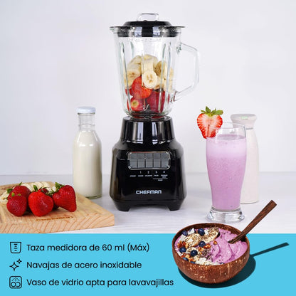 Chefman Licuadora Vaso de vidrio de 1.5 litros, 4 Velocidades, 400W, Cuchillas de Acero Inoxidable y Tapa de Cierre Seguro. Color Negro.