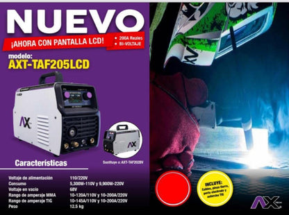 AXT - SOLDADORA INVERSORA 205 2 EN 1 TIG Y ELECTRODO ALTA FRECUENCIA 220V