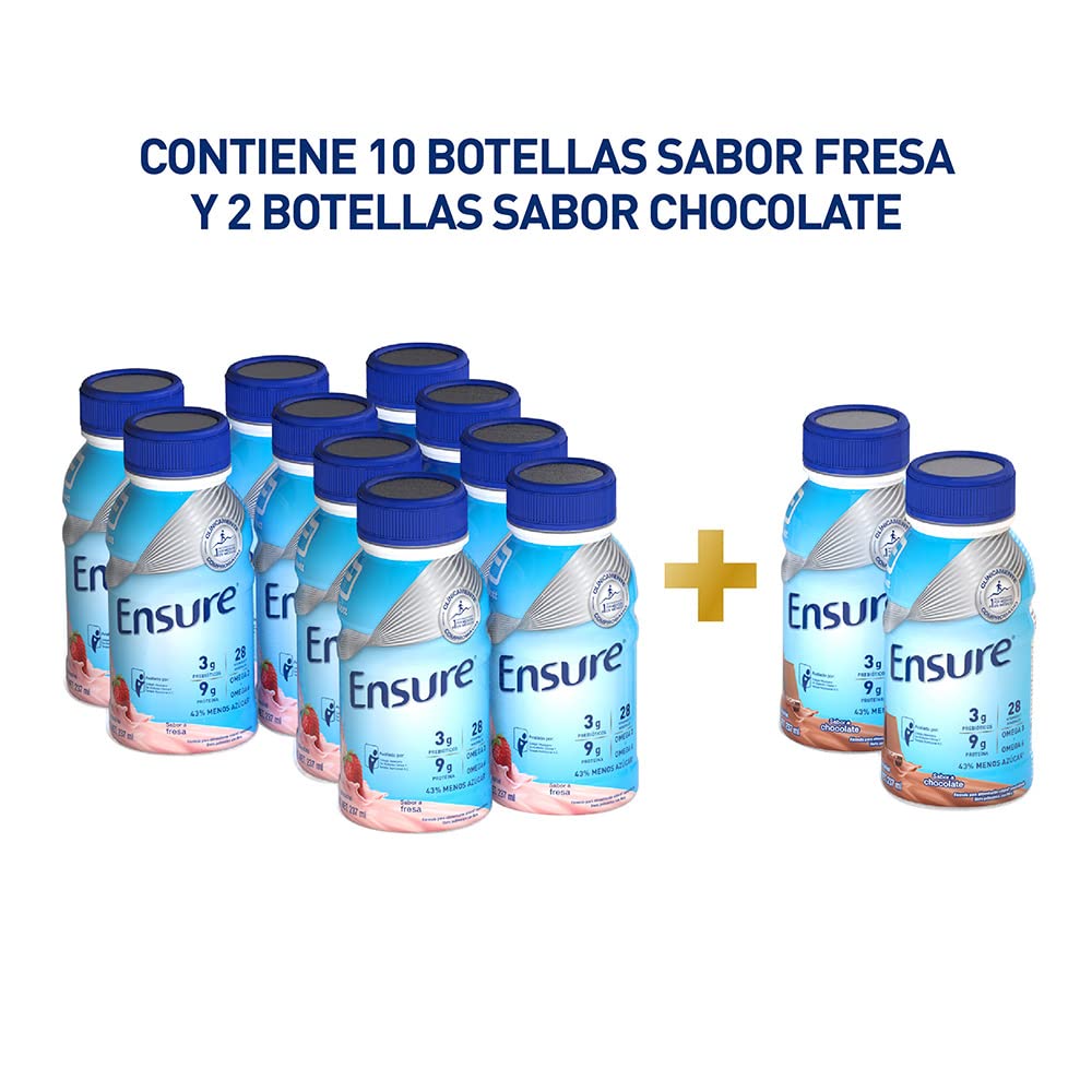 Ensure Clásico Fresa Chocolate 237ml, Alimentación Especializada, Caja con 12 Botellas (10 Fresa y 2 Chocolate)