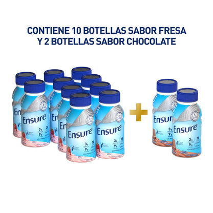 Ensure Clásico Fresa Chocolate 237ml, Alimentación Especializada, Caja con 12 Botellas (10 Fresa y 2 Chocolate)