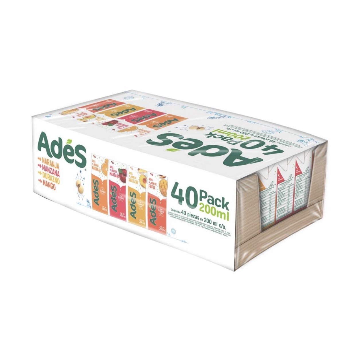 Fiico Ades - ADES BEBIDA DE SOYA SOJA PAQUETE JUMBO SURTIDO CON 40 PIEZAS DE 200 ML NUTRITIVO SALUDABLE REFRESCANTE AGUA FRESCA JUGUITOS JUGO
