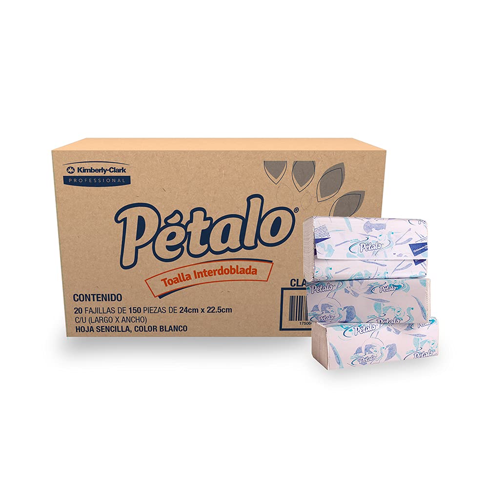 Toalla Interdoblada para Manos Interdoblada Pétalo, Caja con 20 Fajillas de 150 Toallas, con Grabado, Kimberly Clark Professional.