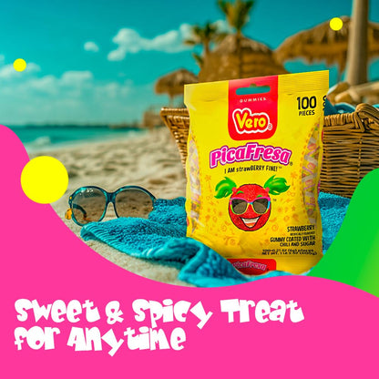 Vero Dulces Vero - Dulces Vero Pica Fresa - Gomitas con chile, dulces mexicanos, 100 unidades, 600 gramos (empaque puede variar)