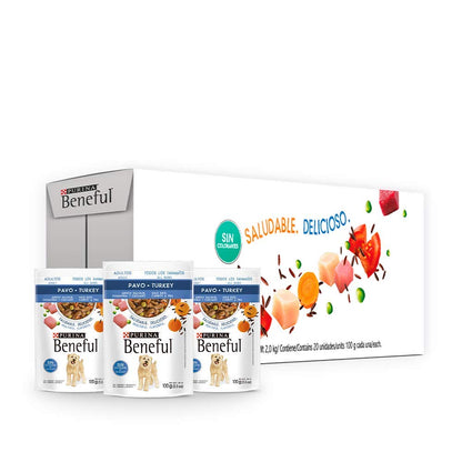 Purina Beneful Alimento Humedo para Perros Adultos con Sabor de Pavo y Arroz - 1 Pack x 20 Piezas de 100 g c/u, Total: 2000 g