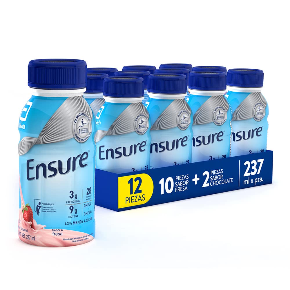 Ensure Clásico Fresa Chocolate 237ml, Alimentación Especializada, Caja con 12 Botellas (10 Fresa y 2 Chocolate)