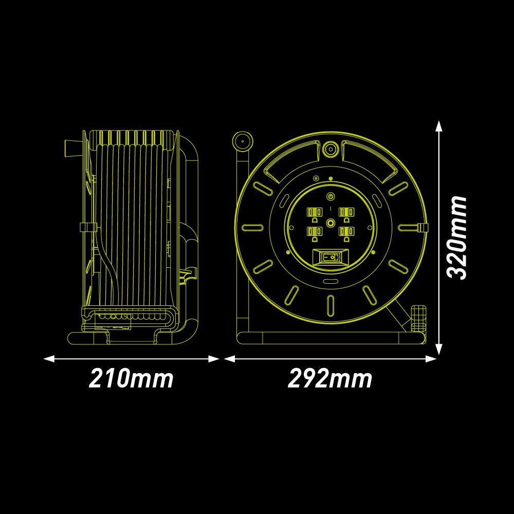 Extensión Eléctrica de 30 metros Tipo Carrete para Uso Rudo, Calibre 14 AWG, con 4 Multicontactos y Switch + Indicador LED Green