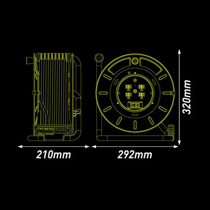 Extensión Eléctrica de 30 metros Tipo Carrete para Uso Rudo, Calibre 14 AWG, con 4 Multicontactos y Switch + Indicador LED Green