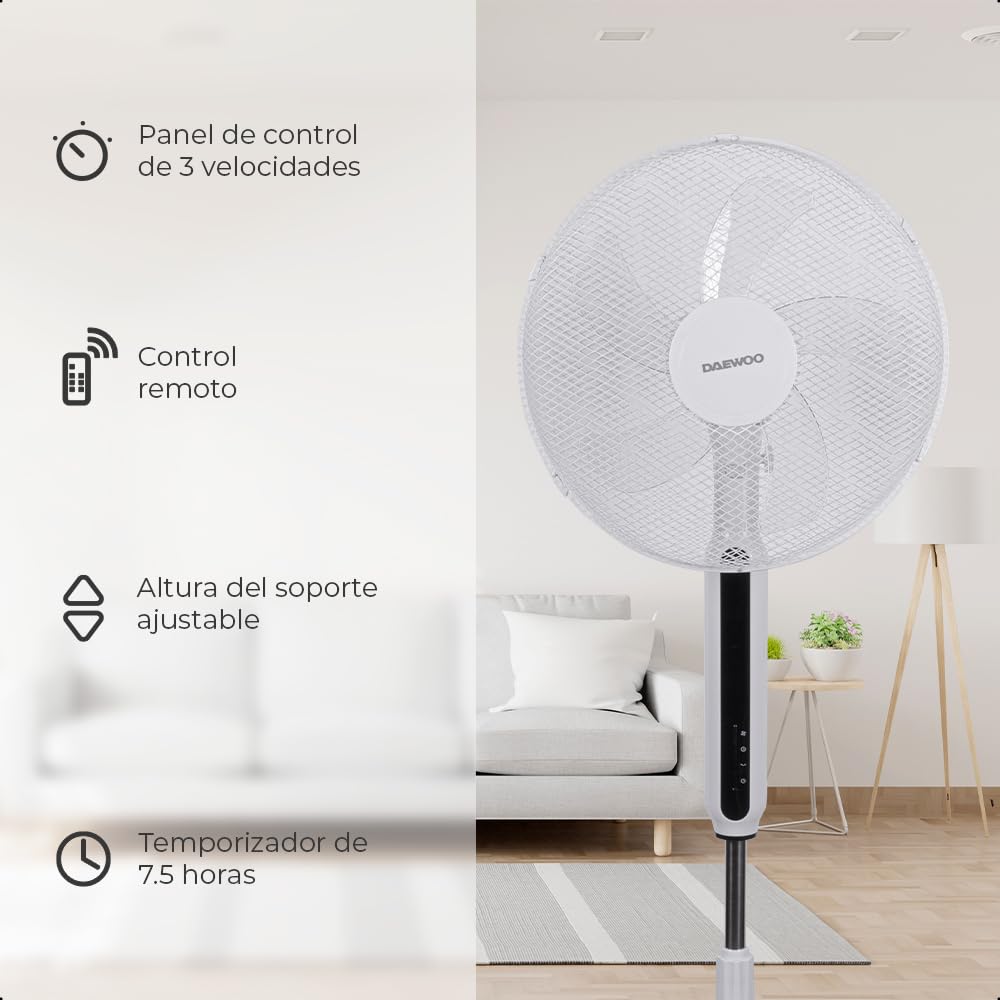 DAEWOO Ventilador 16 pulgadas DI-1692AXK, Control Remoto, 3 velocidades, temporizador 7.5h, altura ajustable, base estable, potencia de 45W
