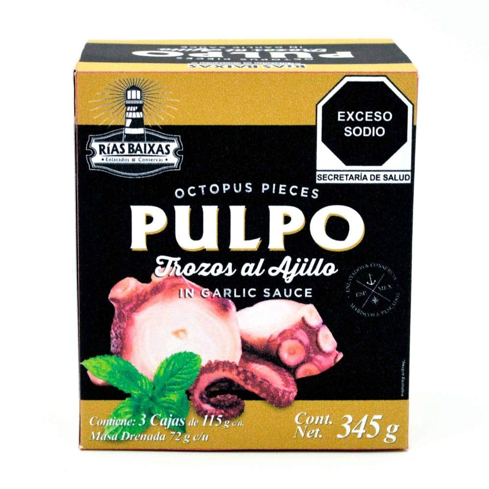 Pulpo al Ajillo Rías Baixas en Trozos 3 Latas de 115 g c/u + 1 Cubrebocas lavable High Performance 3 Capas