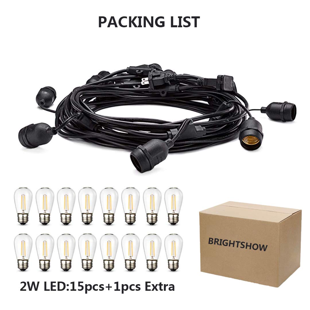 BRIGHTSHOW - Techo 48FT LED Luces de cadena al aire libre Impermeable Regulable 15PCS 2W Vintage Edison Bulbos de vidrio