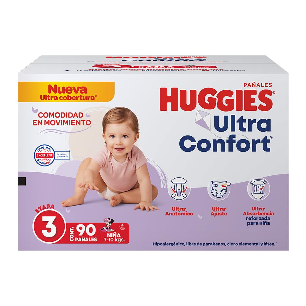 Huggies UltraConfort Pañal Desechable para Bebé, Etapa 3 Niña, Caja con 90 piezas, Ideal para Bebés de 7 a 10 kg