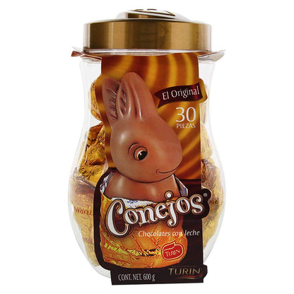 TURIN - CONEJITOS DE CHOCOLATE. Chocolate con leche. Vitrolero con 30 unidades. Total 600g CONEJOS TURIN de Chocolate Divertidos y Deliciosos