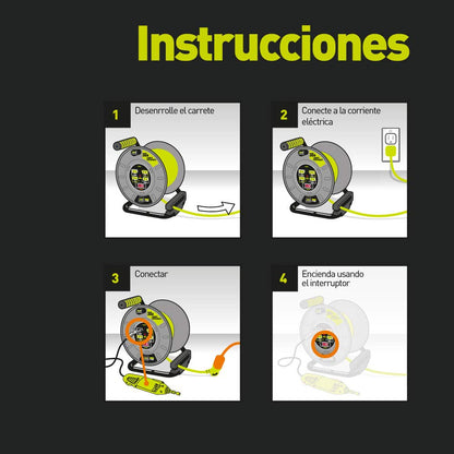 Extensión Eléctrica de 30 metros Tipo Carrete para Uso Rudo, Calibre 14 AWG, con 4 Multicontactos y Switch + Indicador LED Green