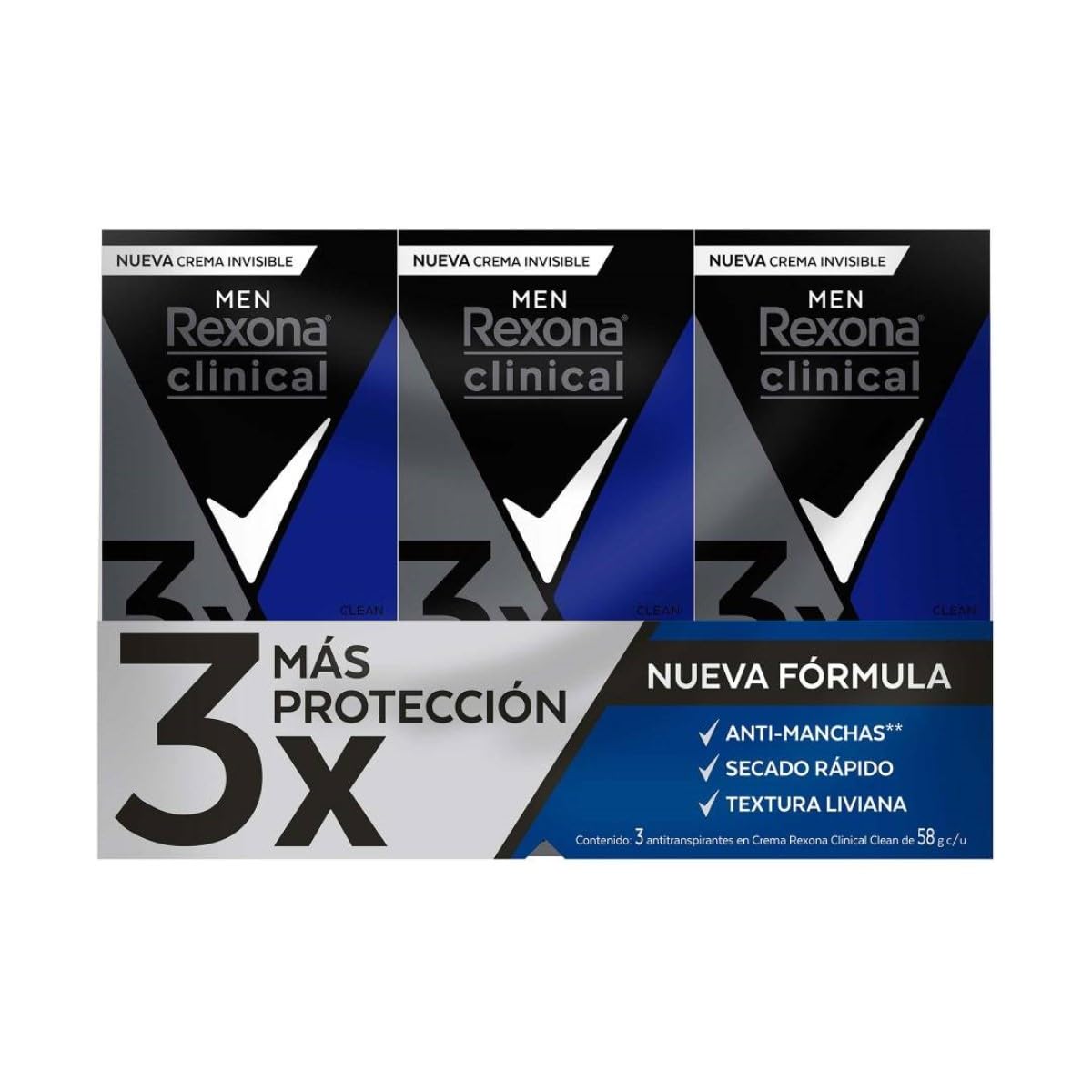 Rexona Clinical Desodorante Antitranspirante para Hombre en Crema, Protección Contra el Sudor y el Mal Olor, 3 Piezas de 58g c/u
