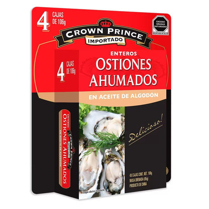 Crown Prince Ostiones Ahumados Enteros en Acite de Algodón 106 g - 4 Pack