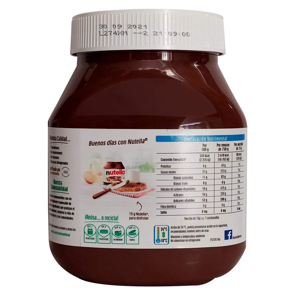 Ferrero Nutella, Crema de Avellanas con Cacao, Delicioso Sabor a Chocolate, 750 gr