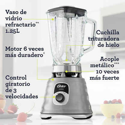 Oster - Licuadora clásica cromada 3 velocidades vaso de vidrio BLST4655Z013