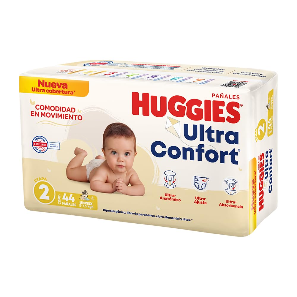 Huggies Ultraconfort Pañal Desechable para Bebé, Etapa 2 Unisex, Paquete con 44 Piezas, Ideal para Bebés de 5 a 7.5 kg