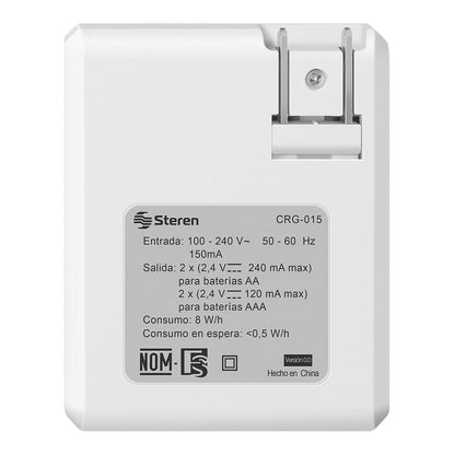 Steren CRG-015 Cargador de pilas AA y AAA, incluye 4 pilas AA, 1300 mAh, indicador de carga LED, compatible con baterías NiCd y NiMH, clavija abatible