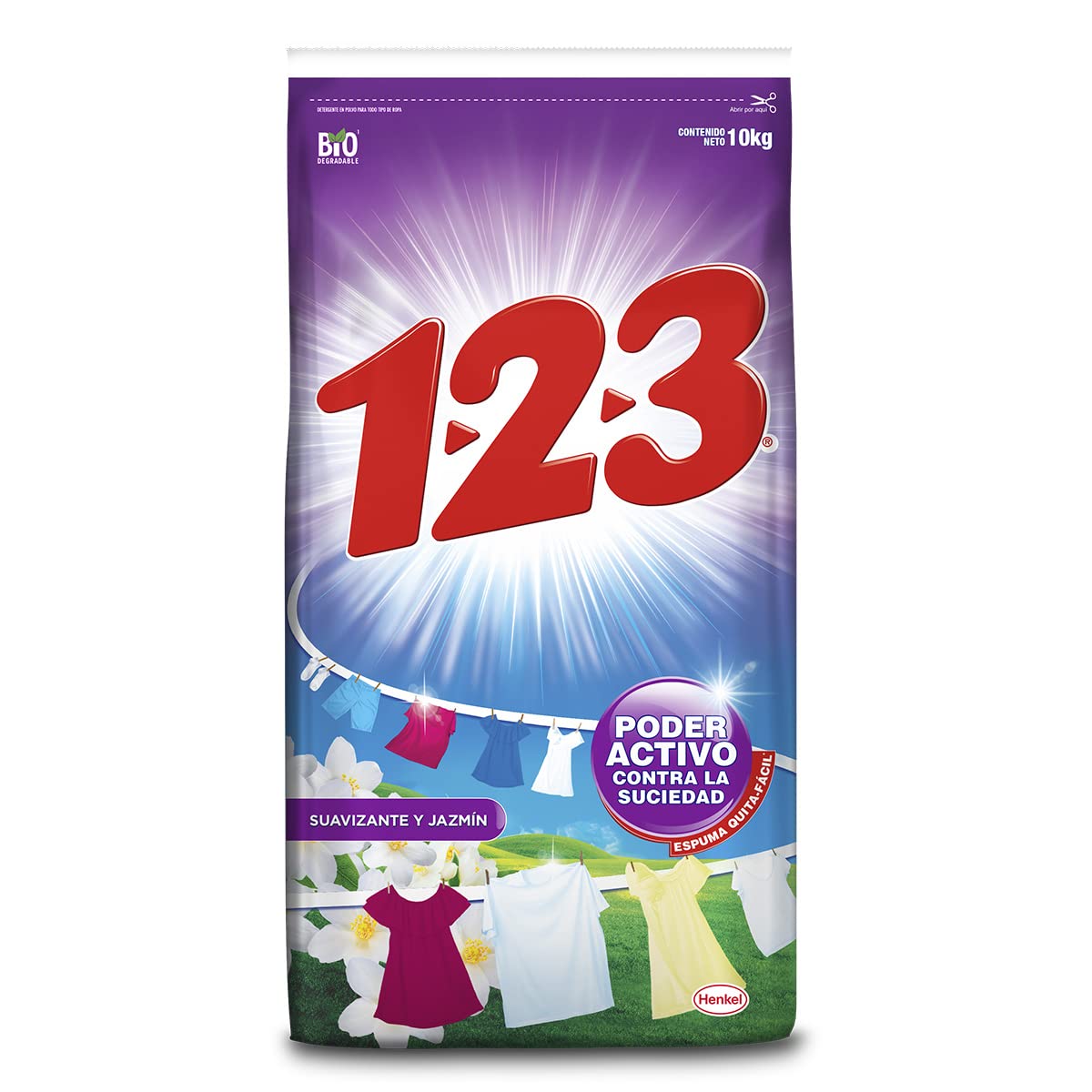 VORAGA 123 - 1-2-3 MAXI PODER con Suavizante y Jazmín 10 kg, detergente en polvo, Con suavizante extra y olor a jazmín, Ropa brillante, fresca y suave.