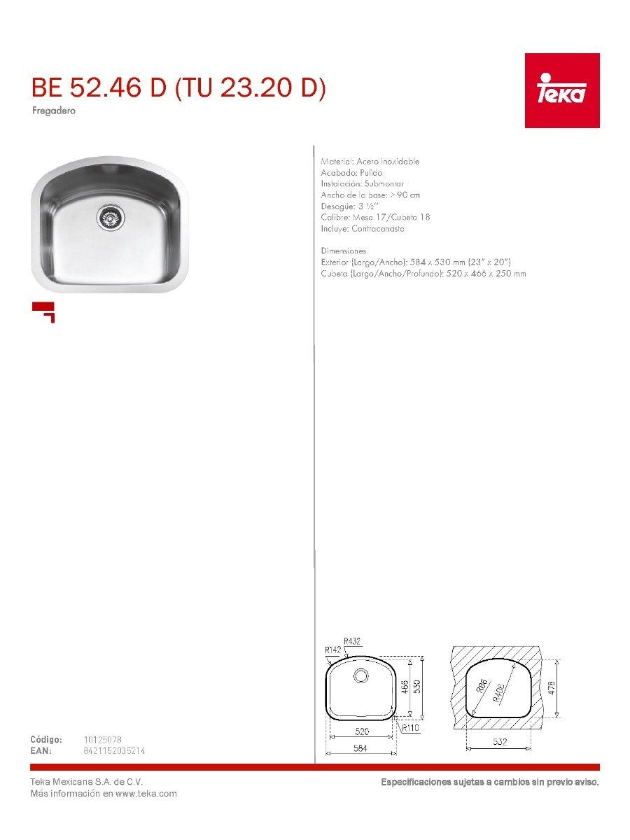 Fregadero Teka Submontar Be 52.46 D (Tu 23.20 D) 10125078