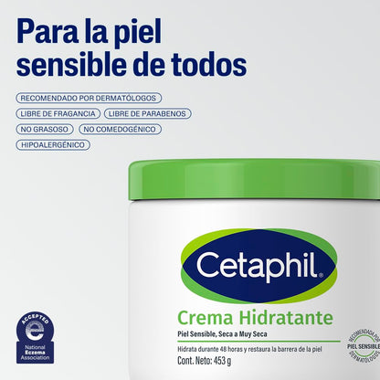 CETAPHIL Crema Hidratante 1 pz 453 g Restablece la Barrera Natural de la Piel en 1 Semana Recomendada por Dermatólogos para Piel Sensible